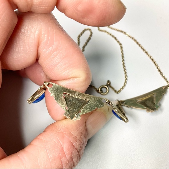 Art Deco Rolled Gold Collar Necklace w/Peking Glass Stones - Picture 5 of 7